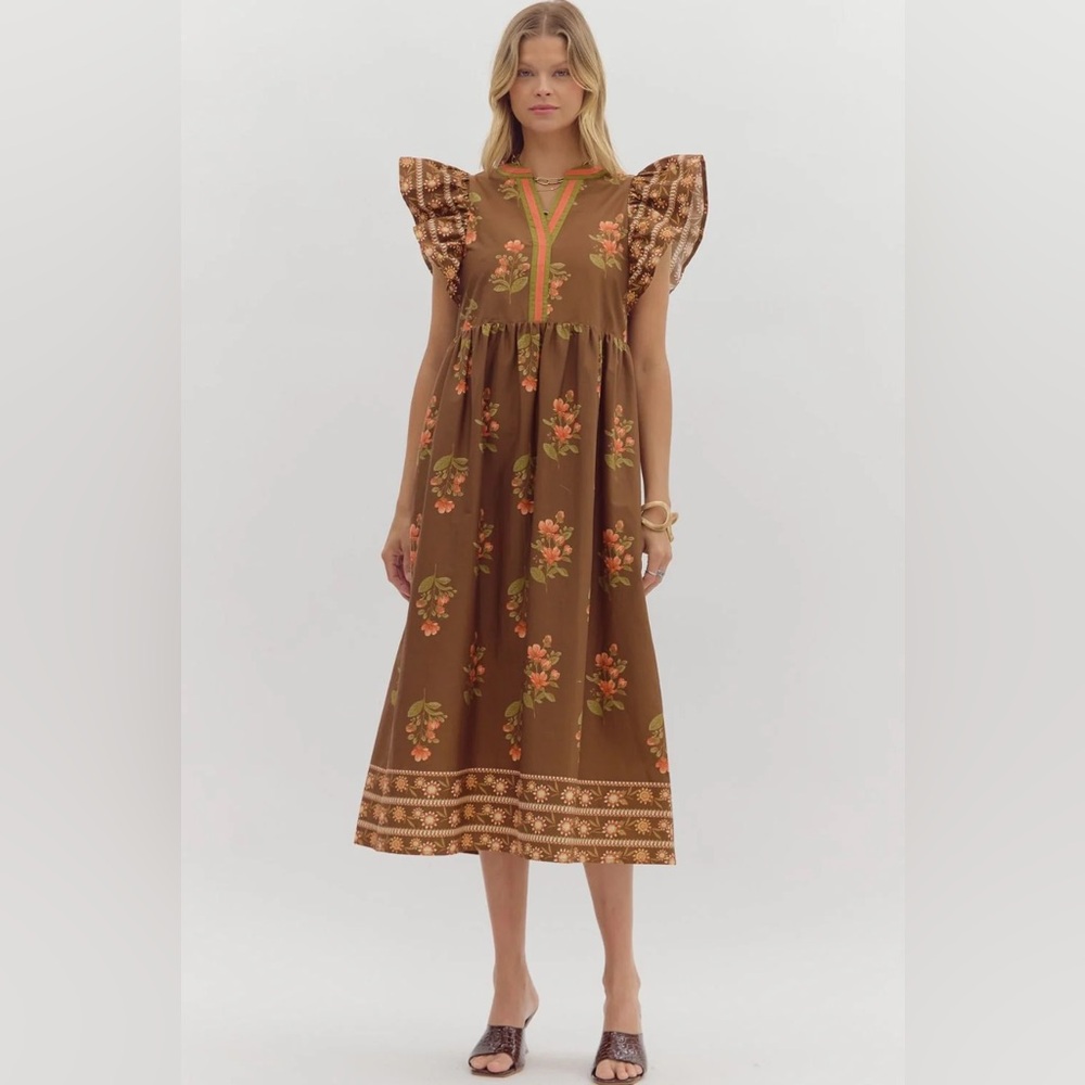 Entro Marisol Floral Ruffle Sleeve Midi Dress